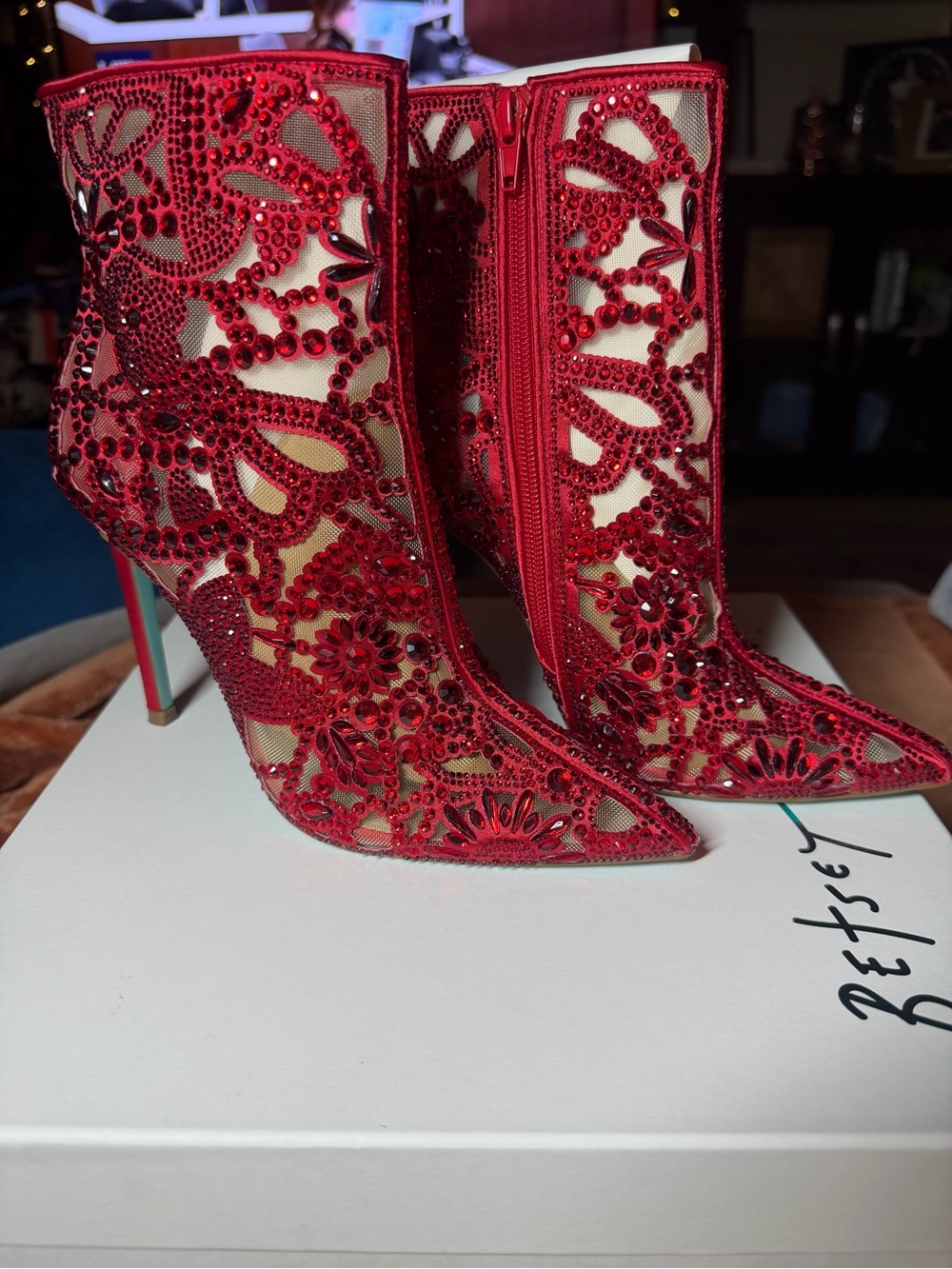 Betsey Johnson Red Embellished Lace Pointed Toe “Bolt” Heeled Booties